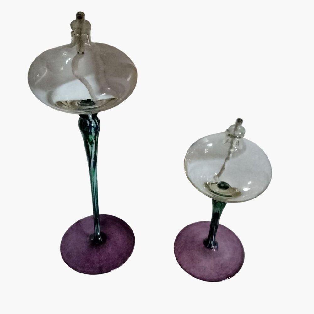 Handcrafted Glass Oil Candles Purple Base Green Swirled Stem Tall Pair